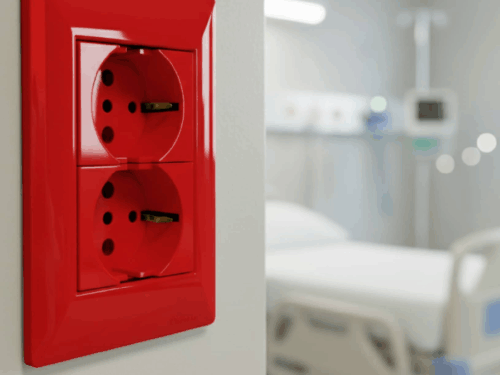 TOMA SCHUKO L/T 10/16A 250V ROJO POLARIZADO CON PROTECCION (2 MÓDULOS)